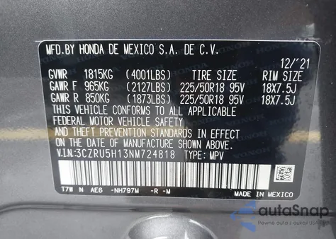 2022 Honda Hr-V 2Wd Sport из США, поврежденный, VIN 3CZRU5H13NM724818